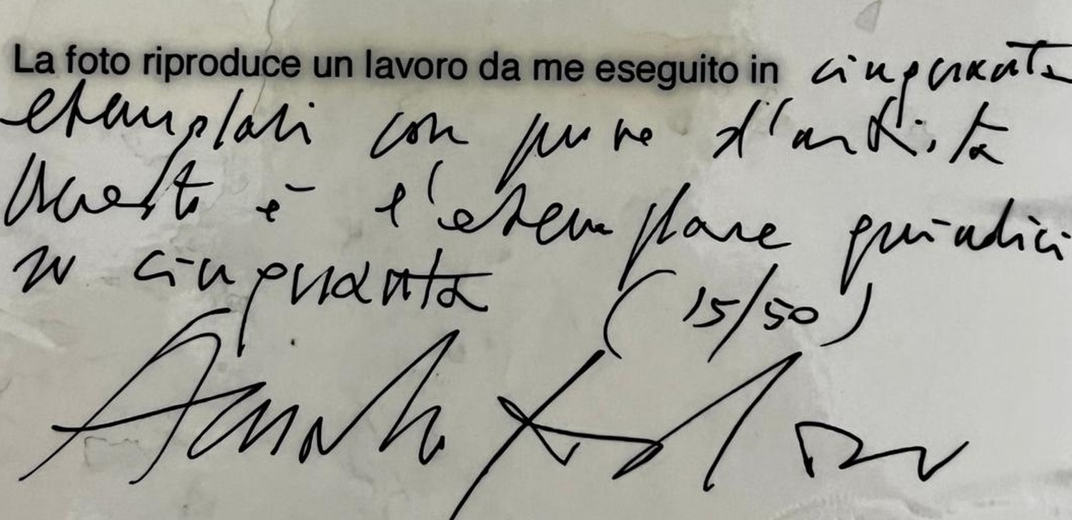 La nota autografa dell’artista, con la numerazione dell’esemplare: quindici su cinquanta.
